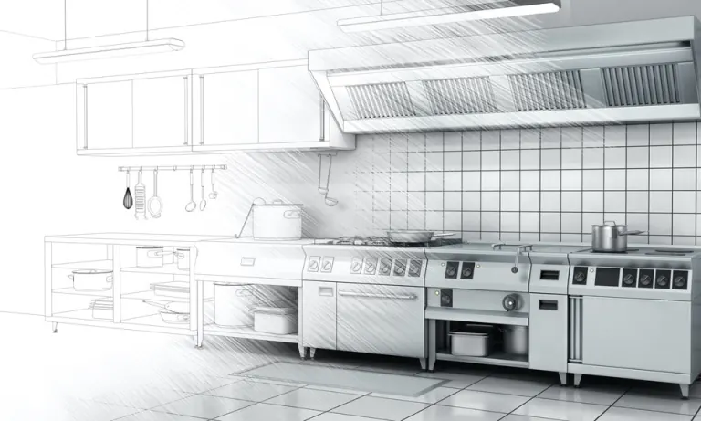 Projet de cuisine professionnelle avec ligne de cuisson et extraction